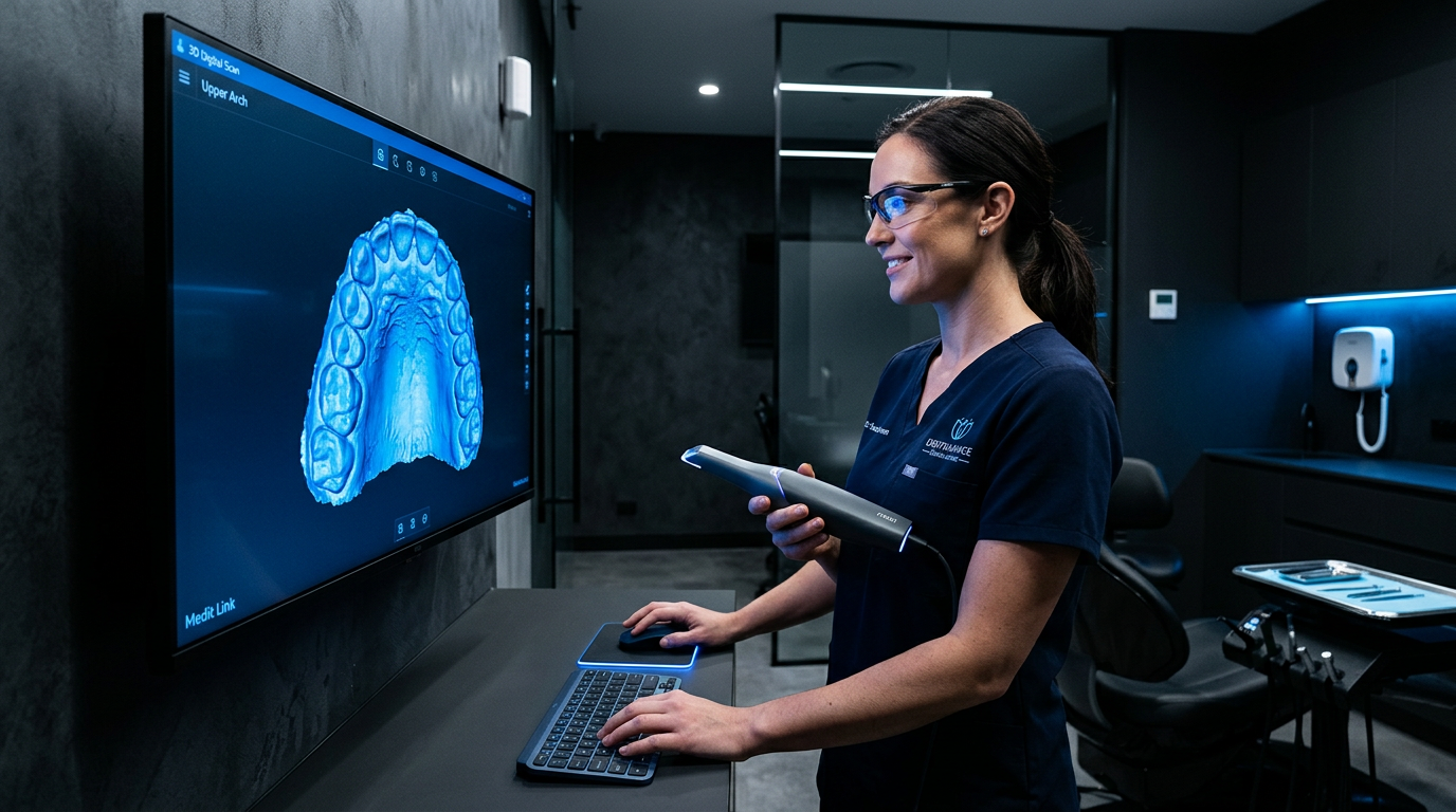 Dentista revisando un escaneo dental 3D en un monitor