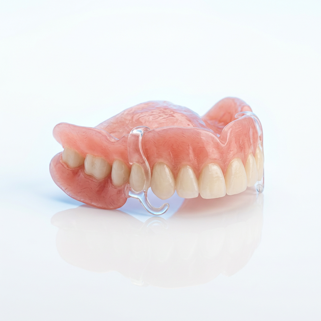 Prótesis parcial removible de acrílico rosa con dientes blancos