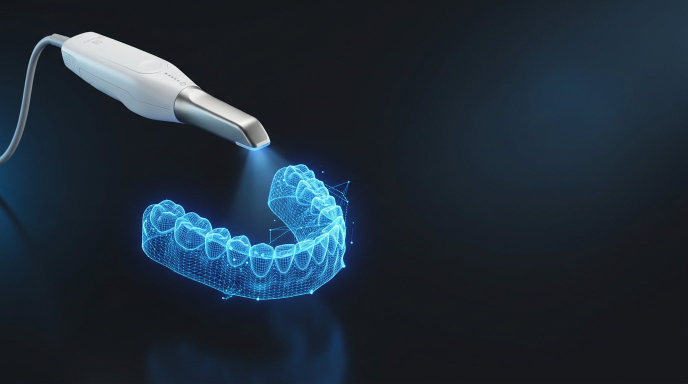 Escáner intraoral proyectando luz azul sobre un modelo digital de arcada dental